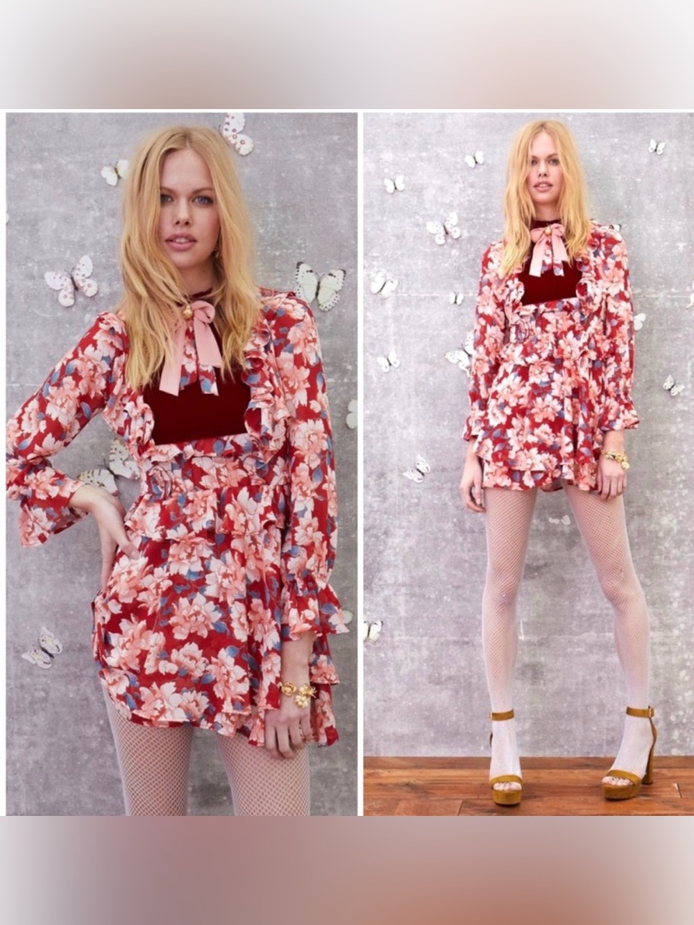 For Love & Lemons Blossom Floral Mini Dress Velvet Ruffle Victorian Bow Size S